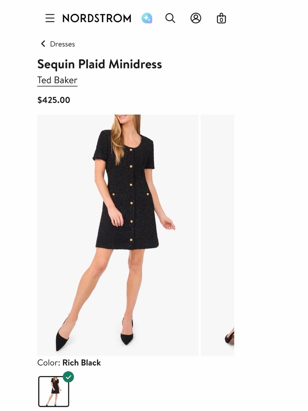 New Ted Baker Black Sequin Plaid Tweed Minidress with Gold Buttons